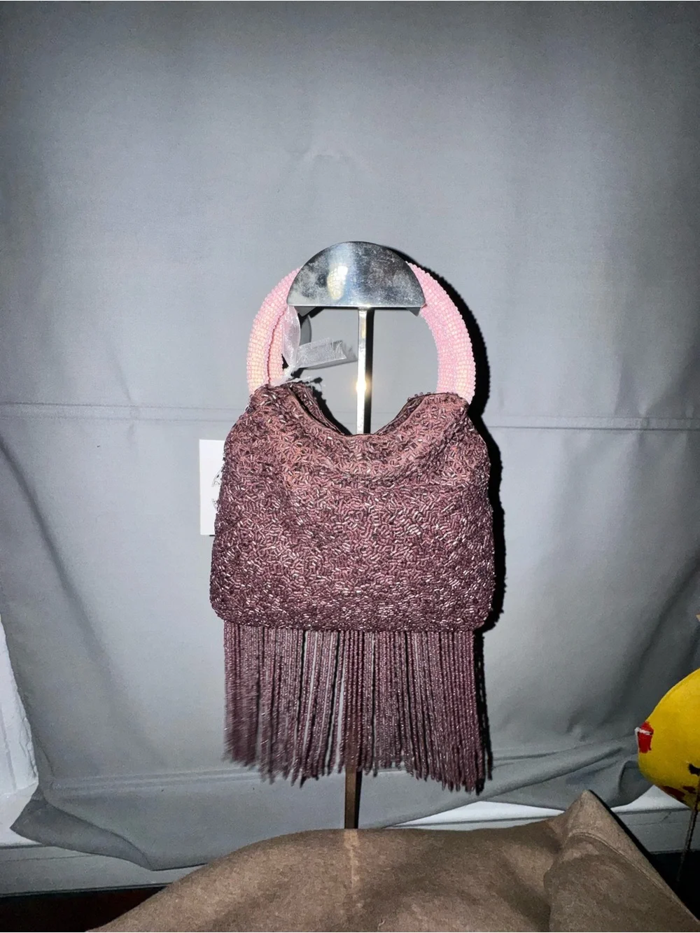 Beaded Floral Fringe Wristlet Clutch in Pink and Brown